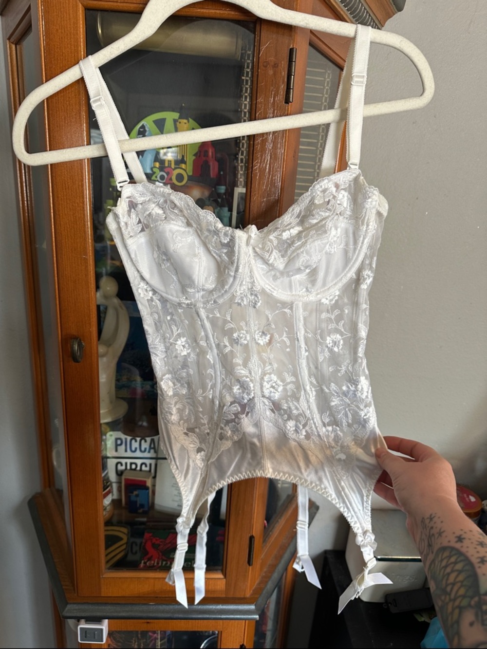 White Floral Lace Corset Bustier with Satin Trim